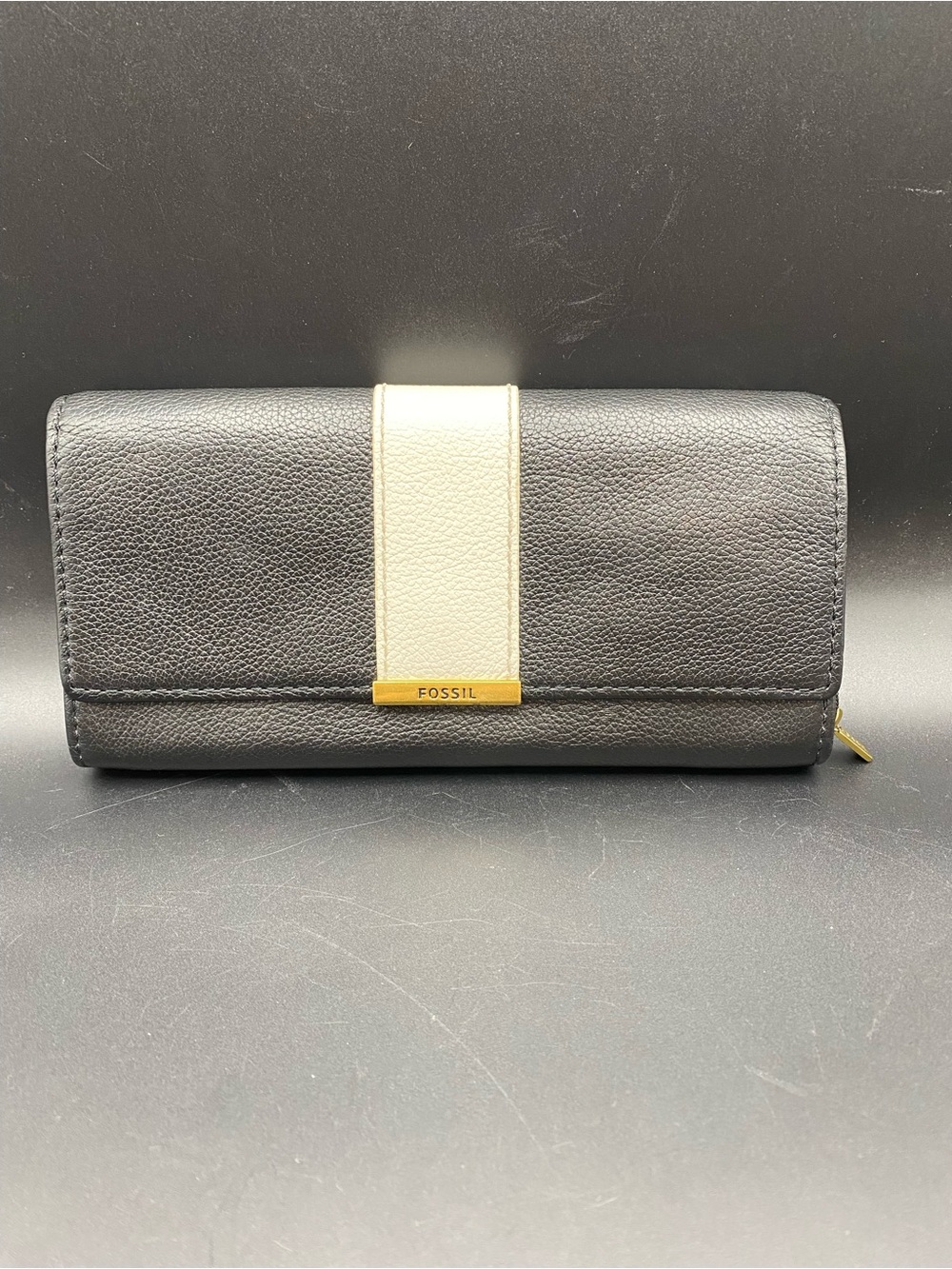 Fossil Black White Genuine Leather Wallet Gold Hardware